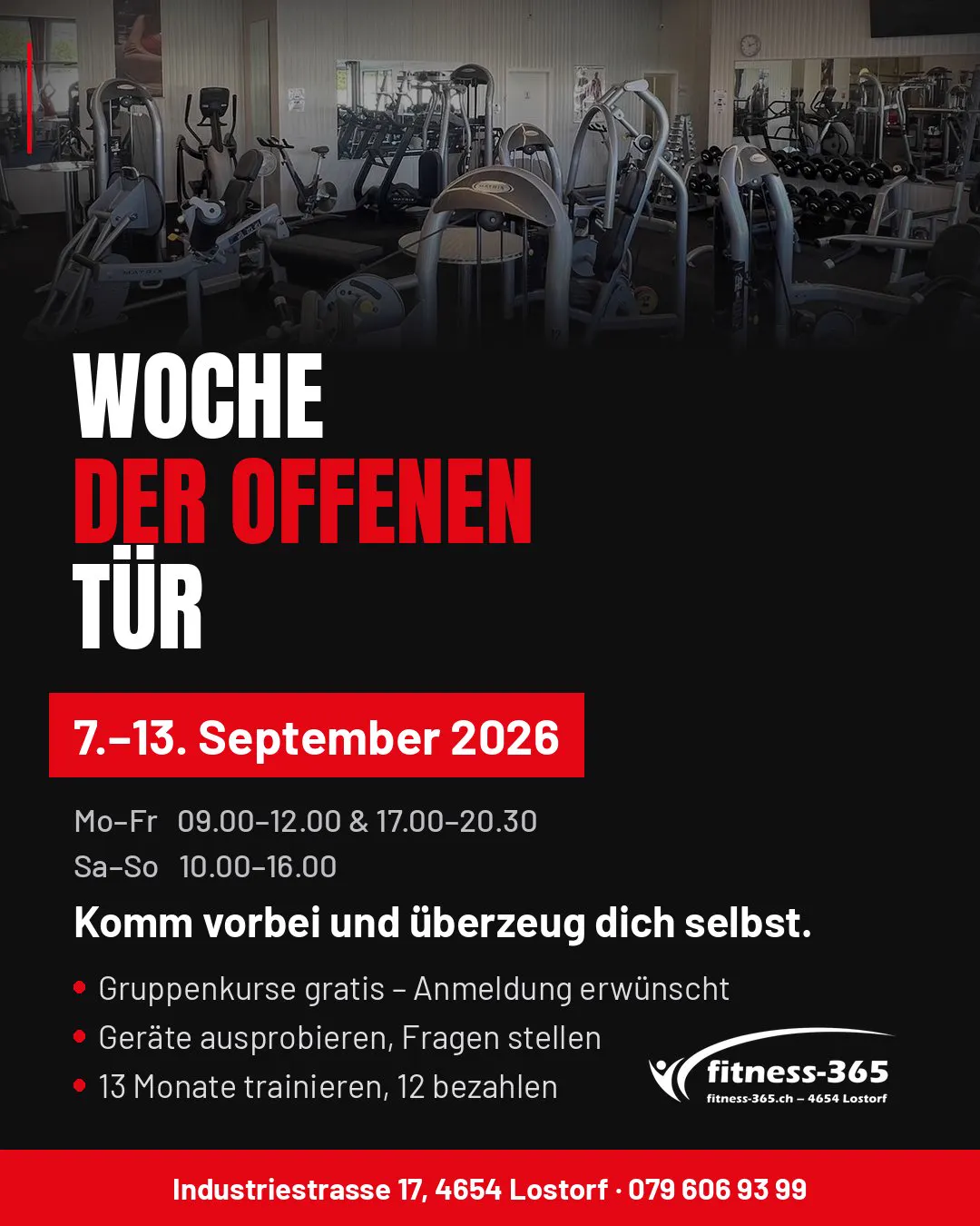 fitness-365: Woche der offenen Tür, 7. bis 13. September 2026, Gruppenkurse gratis, Geräte ausprobieren